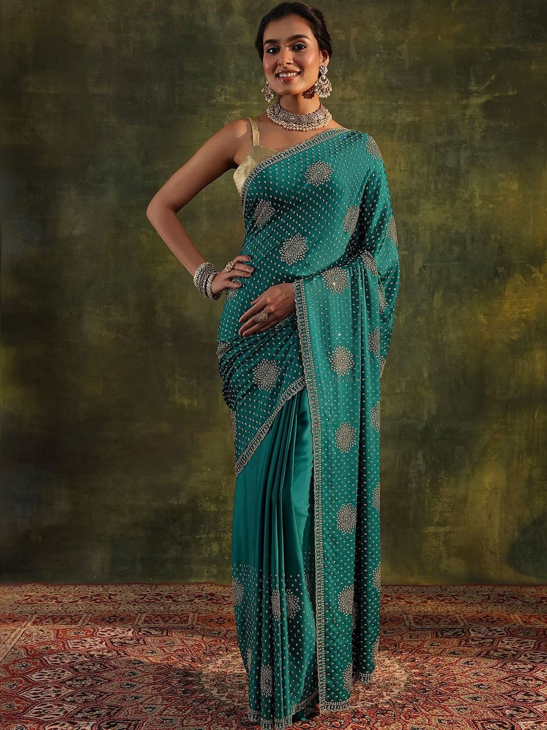 Floral Embellished Satin Saree with Unstitched Blouse Piece