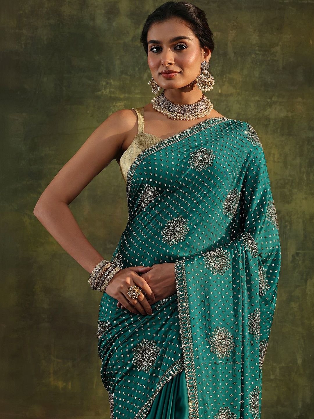 Floral Embellished Satin Saree with Unstitched Blouse Piece - Image 2