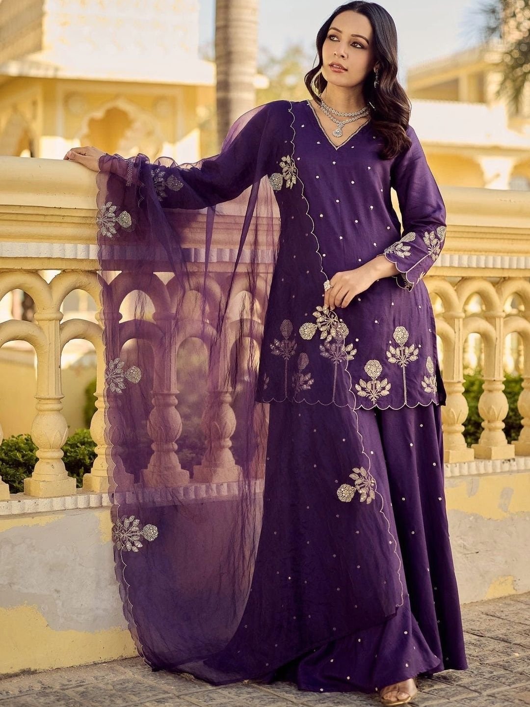 SAVALIYA CREATION Ethnic Motifs Embroidered V-Neck Chanderi Silk Kurti