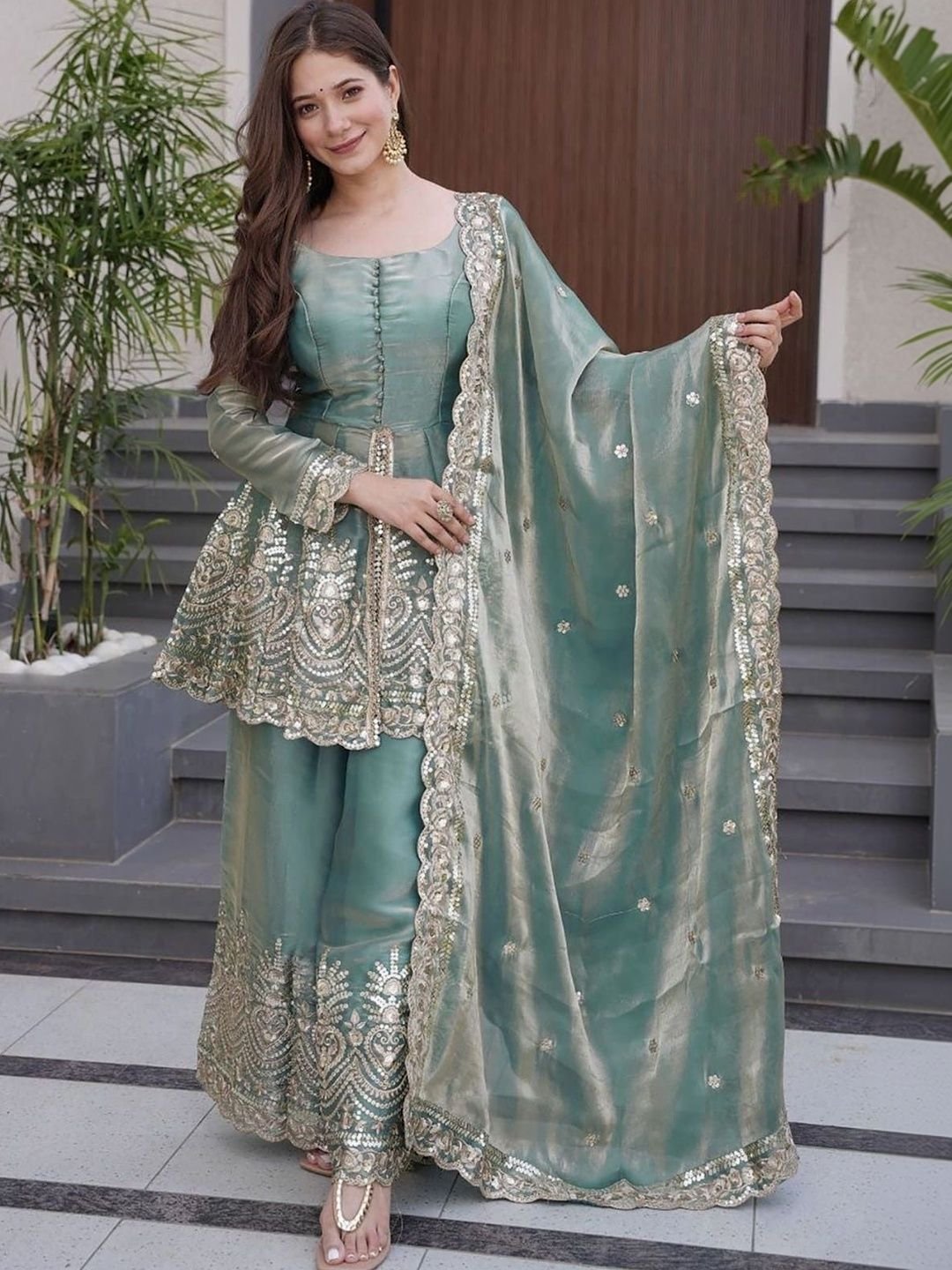 SAVALIYA CREATION Ethnic Motifs Embroidered Boat Neck Sequinned Sequinned Empire Kurti