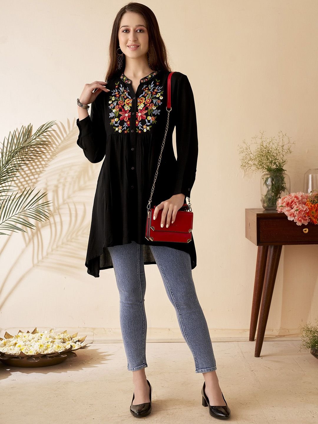 Floral Embroidered Mandarin Collar Thread Work Short Kurti - Image 4