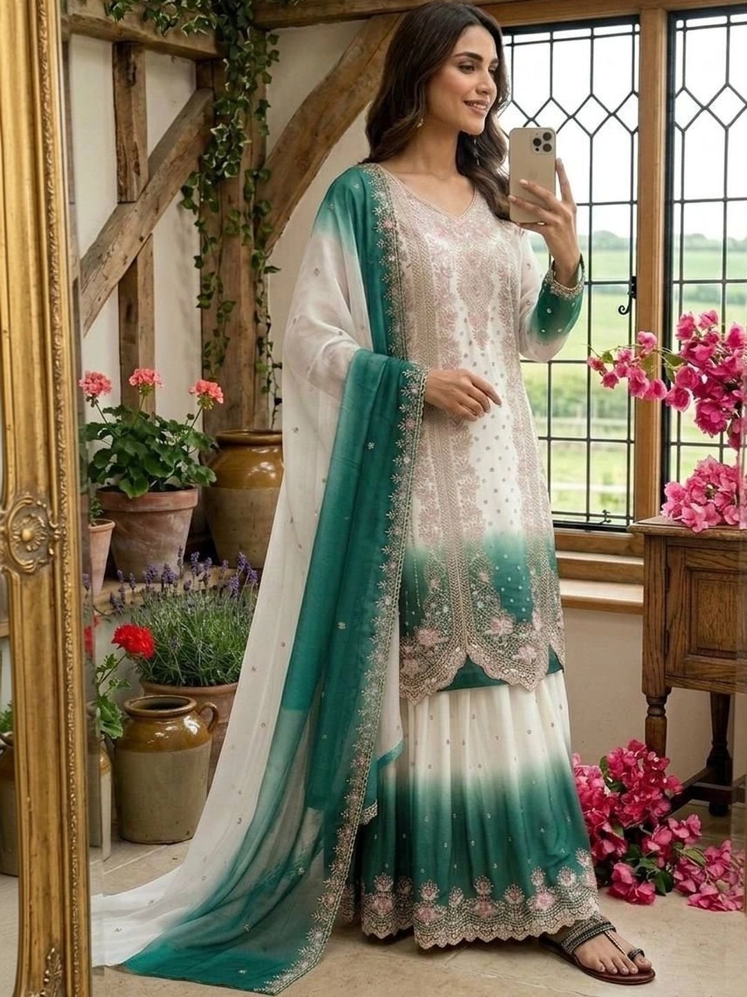 Ethnic Motifs Embellished V-Neck Pure Georgette Blend Kurti - Image 2