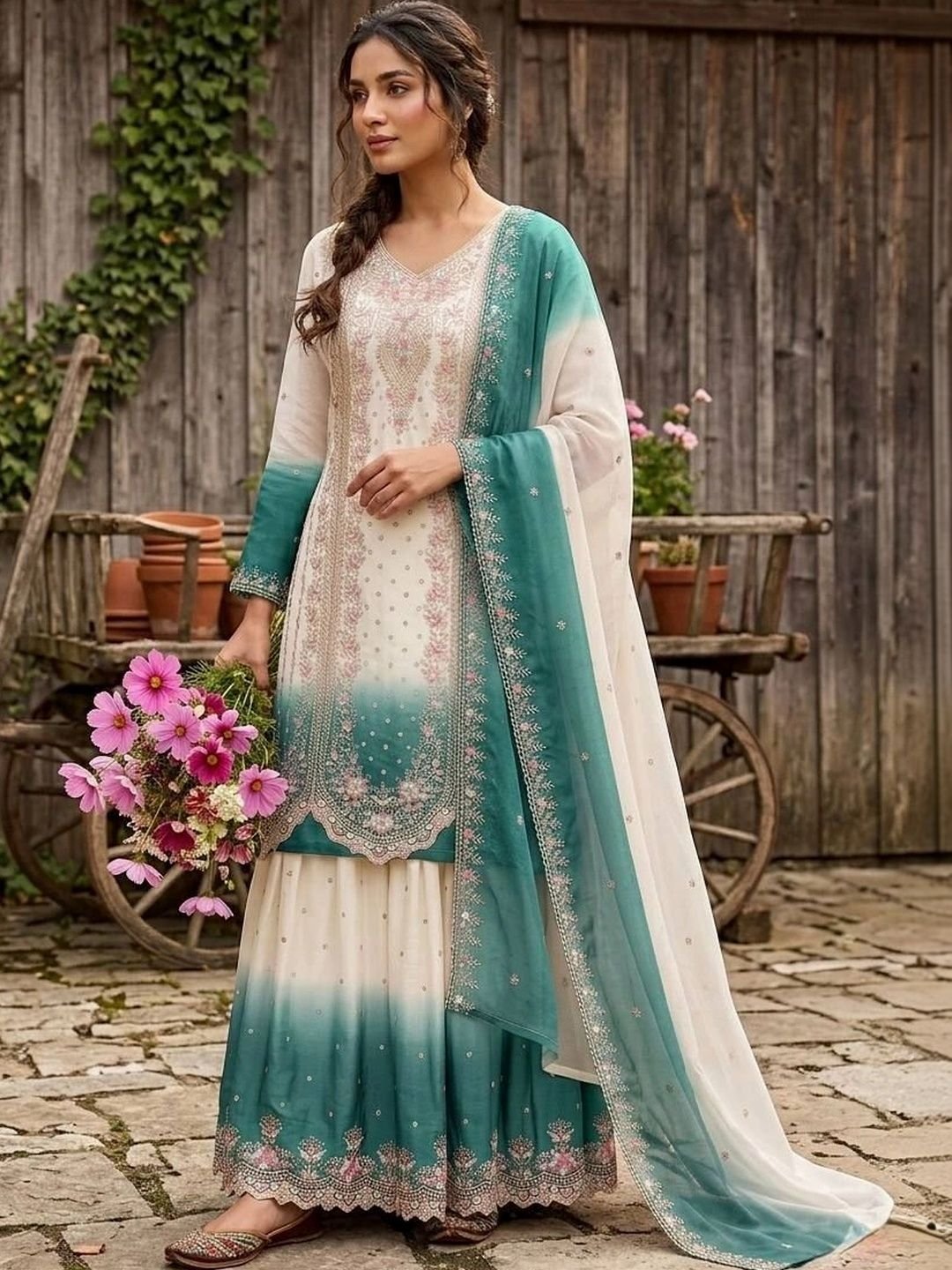 Ethnic Motifs Embellished V-Neck Pure Georgette Blend Kurti - Image 3