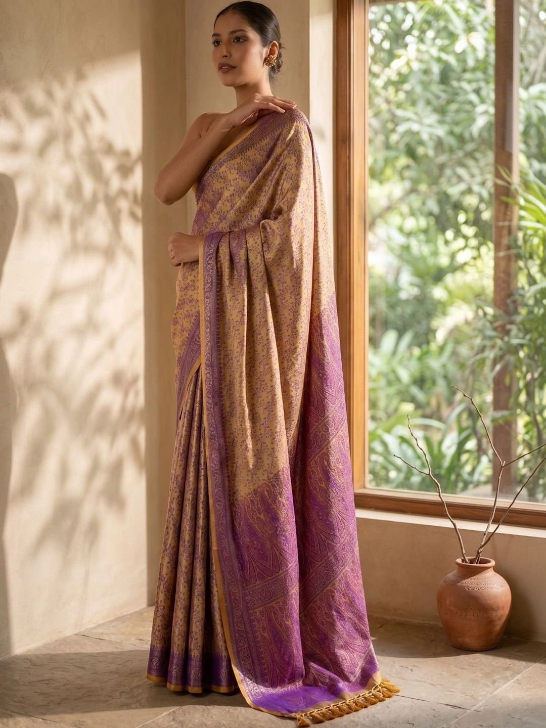 SUNDARI DESIGNS Sundari Designs Golden Katan Silk Tanchoi Banarasi Saree with Blue Buti