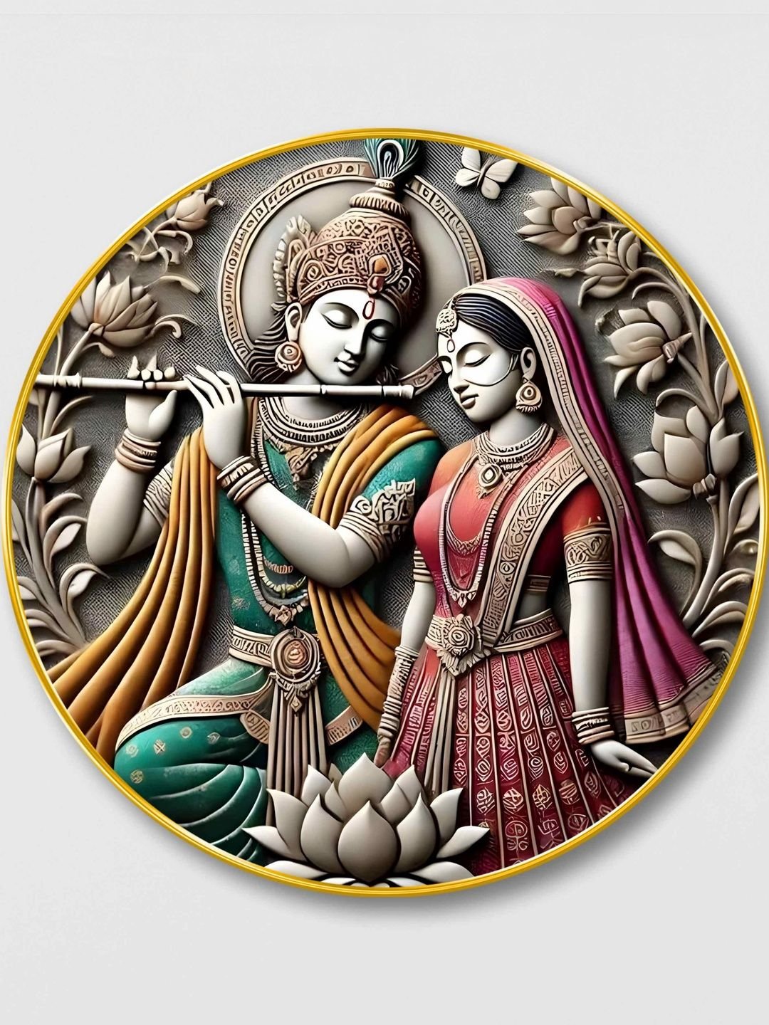 Grey And Blue Radha Krishna 3D Printed Religious Wall Art - Image 2