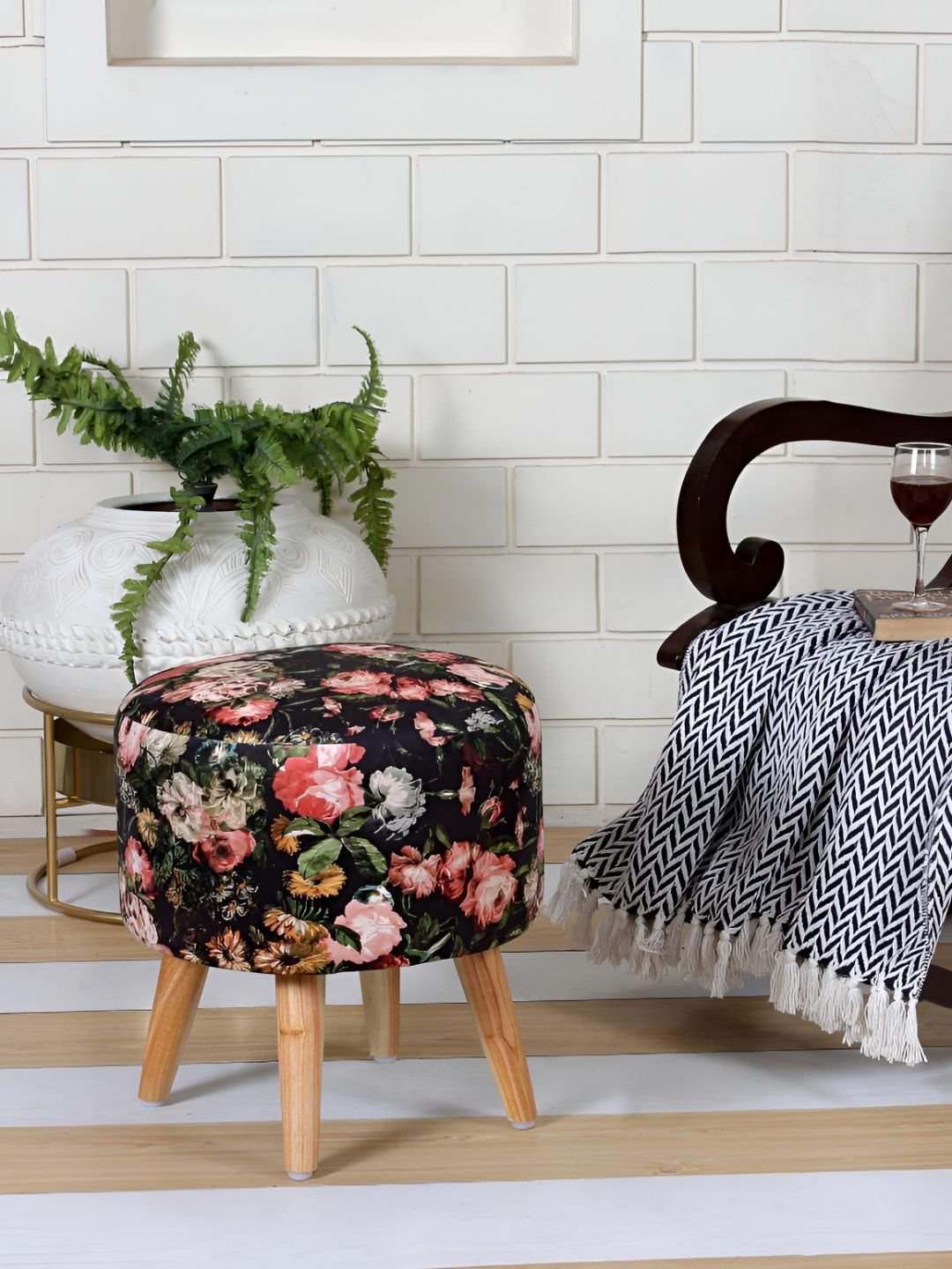 Shadowkart Black And Green Wooden Mudda Pouffe Ottoman
