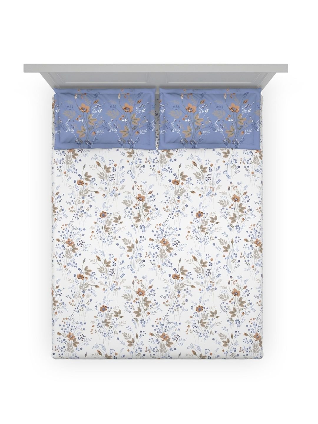 Blue & Blue Floral 144 TC Queen Bedsheet with 2 Pillow Covers - Image 3