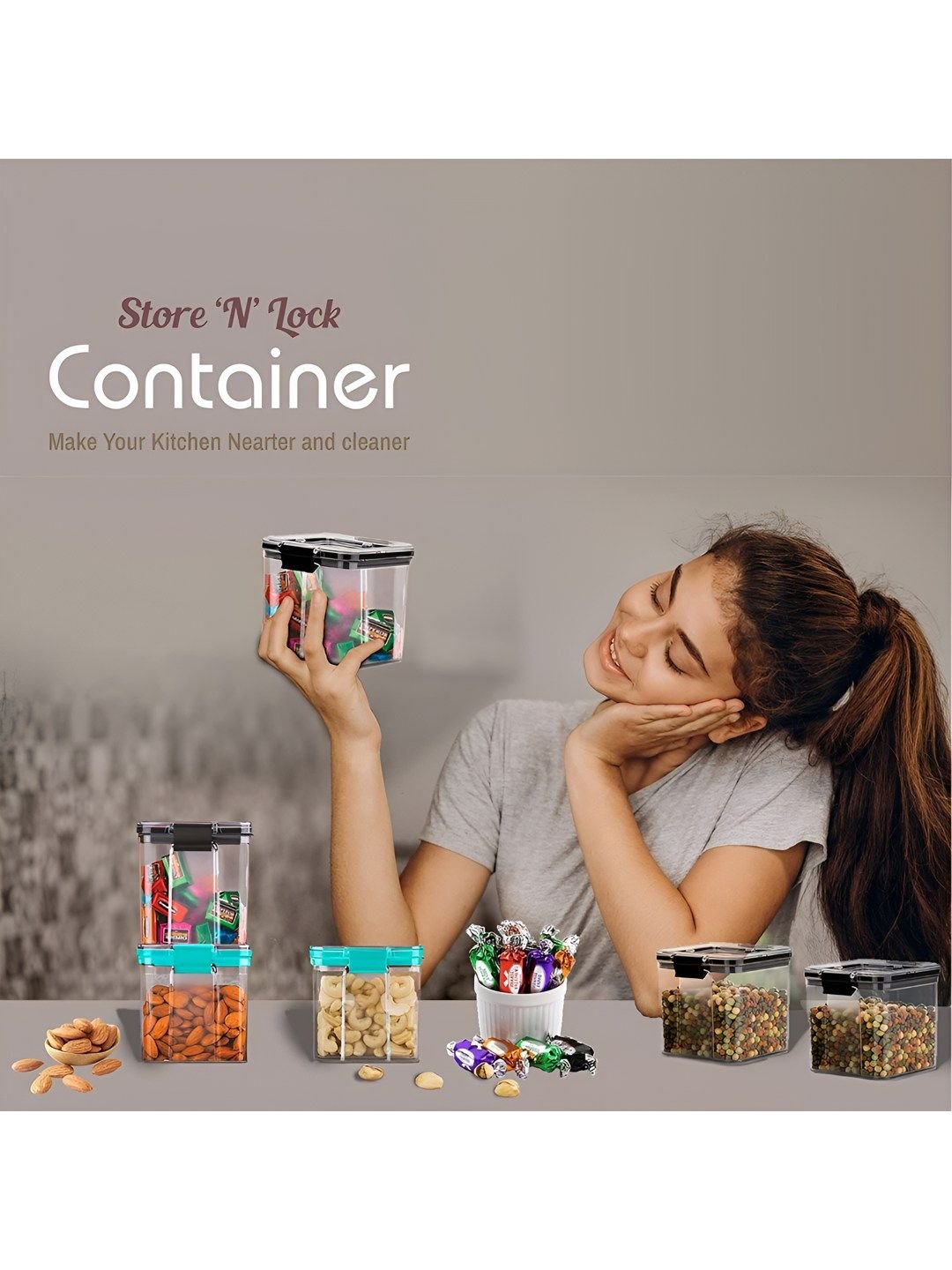 Set of 6 Black Airtight Plastic Kitchen Storage Containers 1100 ml - Image 4