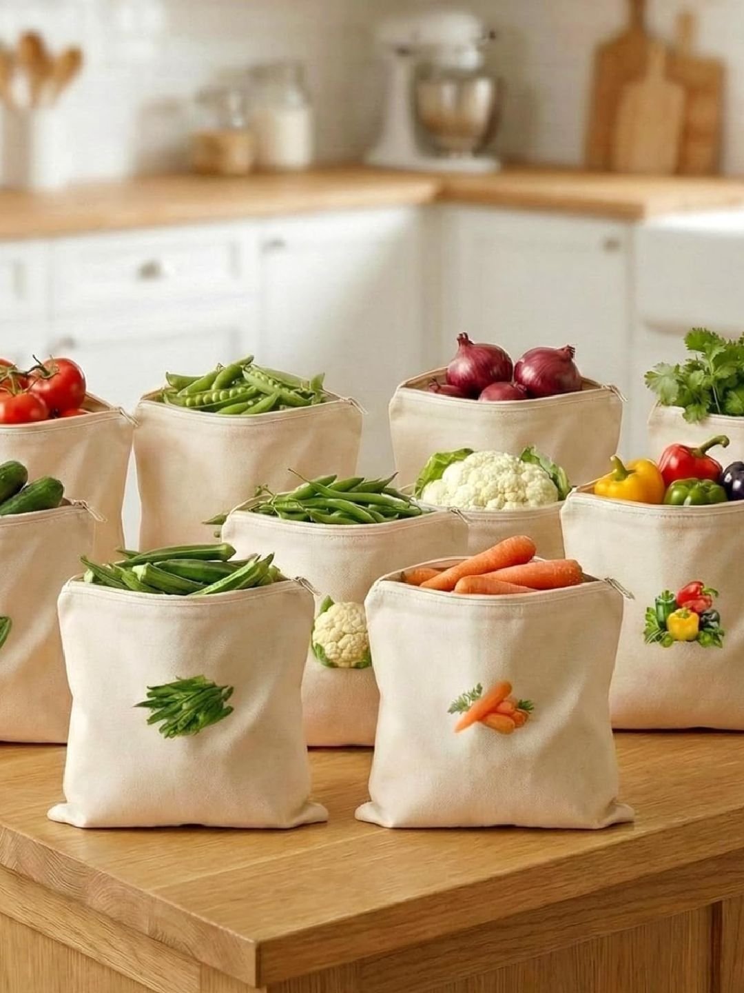 CUVLY 10 Pieces Reusable Cotton Vegetable Storage Bags For Fridge & Kitchen - Image 4