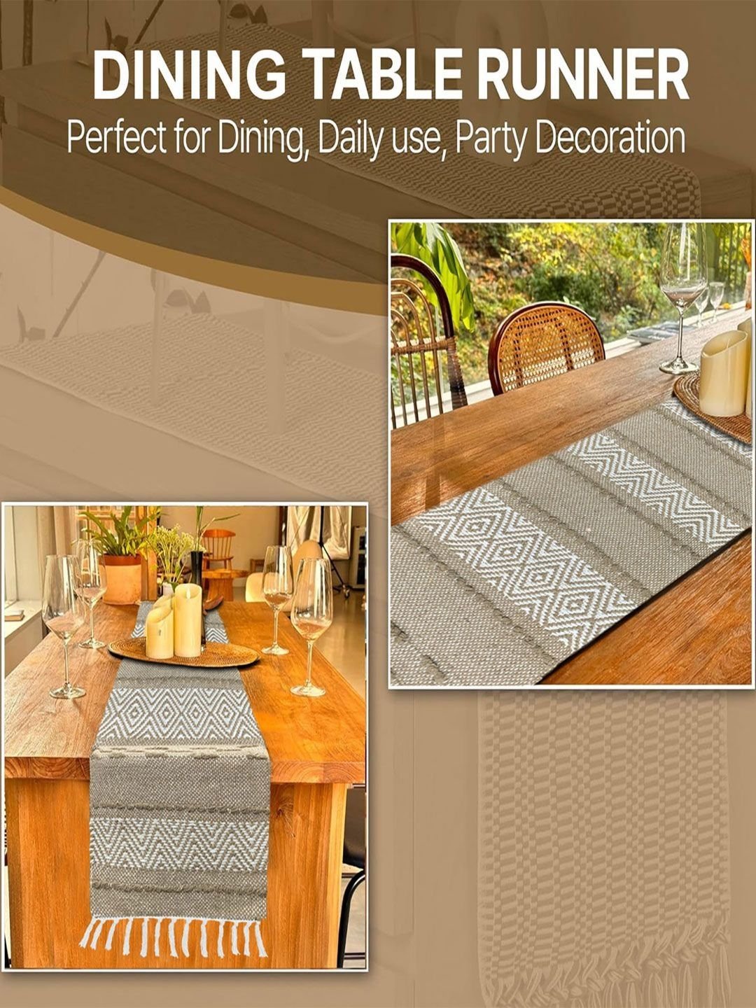 LUXEHOME INTERNATIONAL Beige & White Geometric Pure Cotton Table Runner - Image 3
