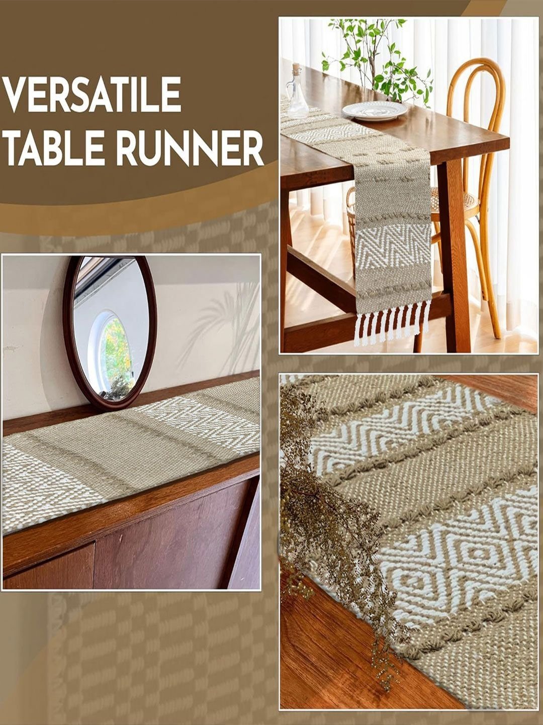 LUXEHOME INTERNATIONAL Beige & White Geometric Pure Cotton Table Runner - Image 4