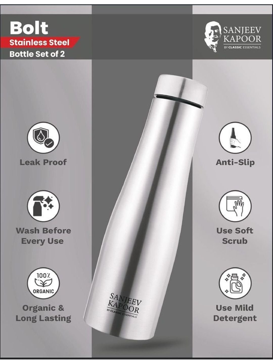 Classic Essentials Silver-Toned Single Stainless Steel Solid Water Bottle - Image 4