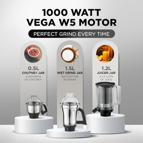 Preethi Zodiac 2.0 1000 Watts, Smart Mixer Grinder, 4 Jars (1 Food Processor Jar, 2 Stainless Steel Jars, Juicer Jar), Atta Kneading, Powerful Grinding, 2 Year Warranty, Lifelong Free Service, Blue - Image 3