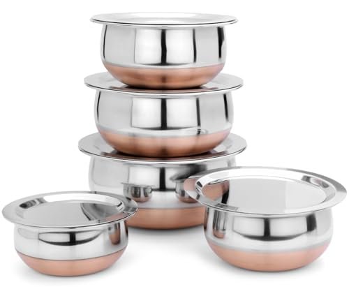 LiMETRO STEEL Set of 5 Stainless Steel Handi Set/Serving Set with Lid (Capacity : 0.5 LTR, 0.75 LTR, 1 LTR, 1.5 LTR & 2 LTR)
