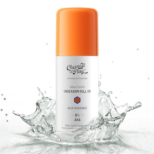 Chemist At Play UnderArm Roll On Deodorant with 5% AHA, Lactic Acid & 1% Mandelic Acid | Prevents Body Odour & Fades Pigmentation |0% Aluminium & 0% Alcohol |For Sensitive Skin | Aqua Fragrance | 75ml