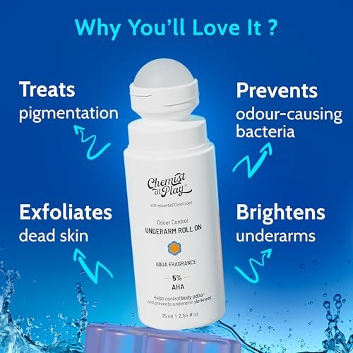 Chemist At Play UnderArm Roll On Deodorant with 5% AHA, Lactic Acid & 1% Mandelic Acid | Prevents Body Odour & Fades Pigmentation |0% Aluminium & 0% Alcohol |For Sensitive Skin | Aqua Fragrance | 75ml - Image 2