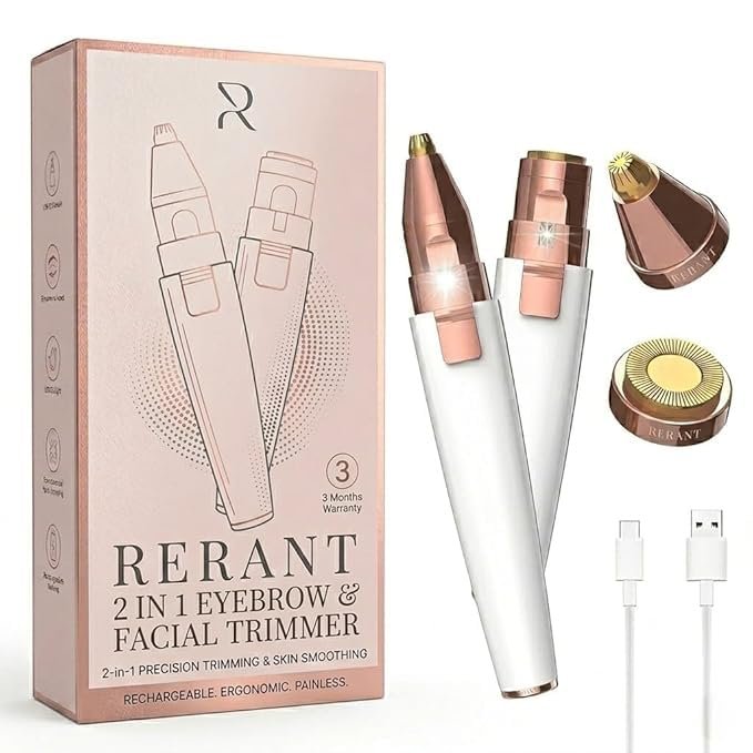 RERANT 2-in-1 Eyebrow Trimmer and Facial Hair Remover for Women, Rechargeable Electric Face Razor with Built-in LED Light, Painless Precision Eyebrow Razor and Lip Hair Trimmer, Portable (S1)