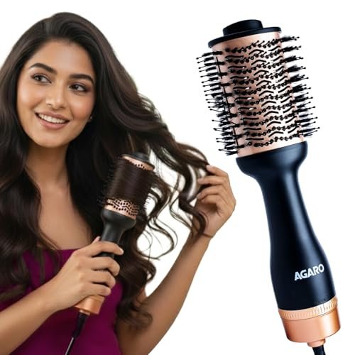AGARO Hot Air Brush for Hair, Blow Dryer Brush, Volumizer & Styler, 360° Air flow Vent, Oval Barrel for Hair Volume, Charcoal Bristles, Ceramic Coating Brushing Head, 1200W, Gold & Black HV2179