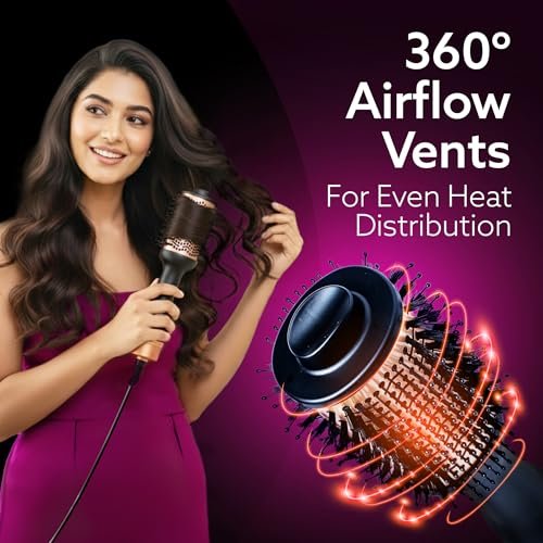 AGARO Hot Air Brush for Hair, Blow Dryer Brush, Volumizer & Styler, 360° Air flow Vent, Oval Barrel for Hair Volume, Charcoal Bristles, Ceramic Coating Brushing Head, 1200W, Gold & Black HV2179 - Image 2