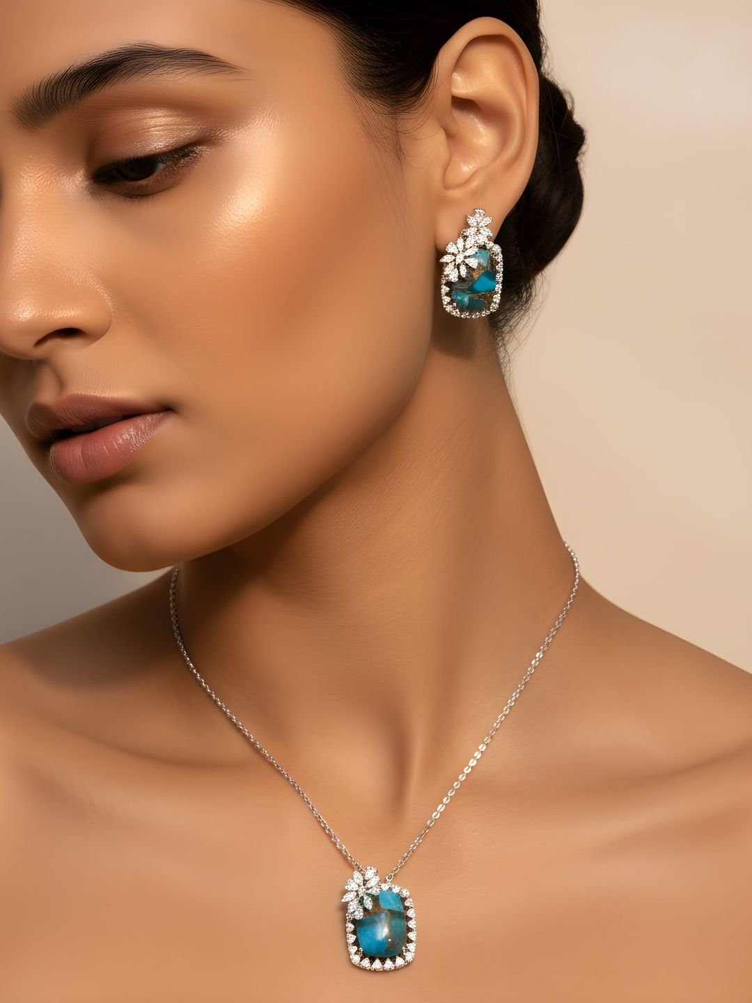JOY & SHINE JOY & SHINE Silver-Plated Cubic Zirconia Stone-Studded Jewellery Set - Image 4