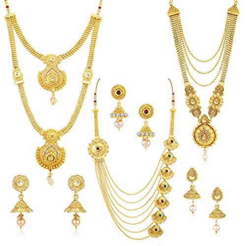 Sukkhi Ethnic Gold Plated Kundan Multi-String Set of 3 Necklace with Jhumki Earrings Combo for Women & Girls (SKR48716)