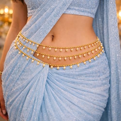 Traditional Golden Beads Waist Hip Chains Kamarband with Pearl Drops Ethnic Waist Chain Saree Vaddanam for Women & Girls - Image 3
