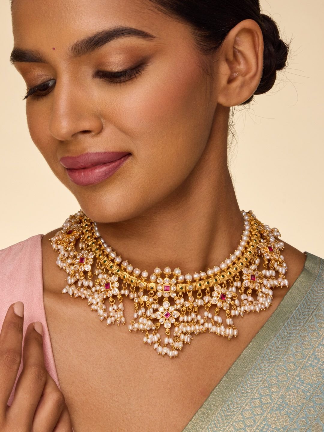 Kushal's Fashion Jewellery Ruby-Green Gold-Plated Ethnic Temple Necklace