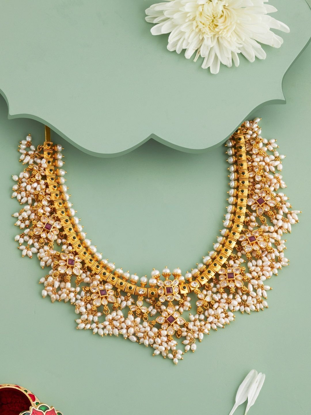 Kushal's Fashion Jewellery Ruby-Green Gold-Plated Ethnic Temple Necklace - Image 2