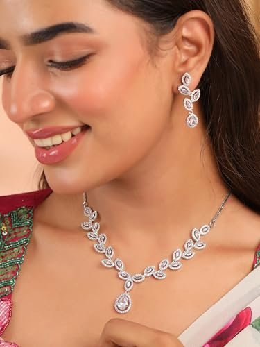 Yellow Chimes Jewellery Set for Women and Girls American Diamond Jewellery Set | Rosegold Rhodium Plated AD Necklace Set for Women | Birthday Gift for Girls & Women - Image 3