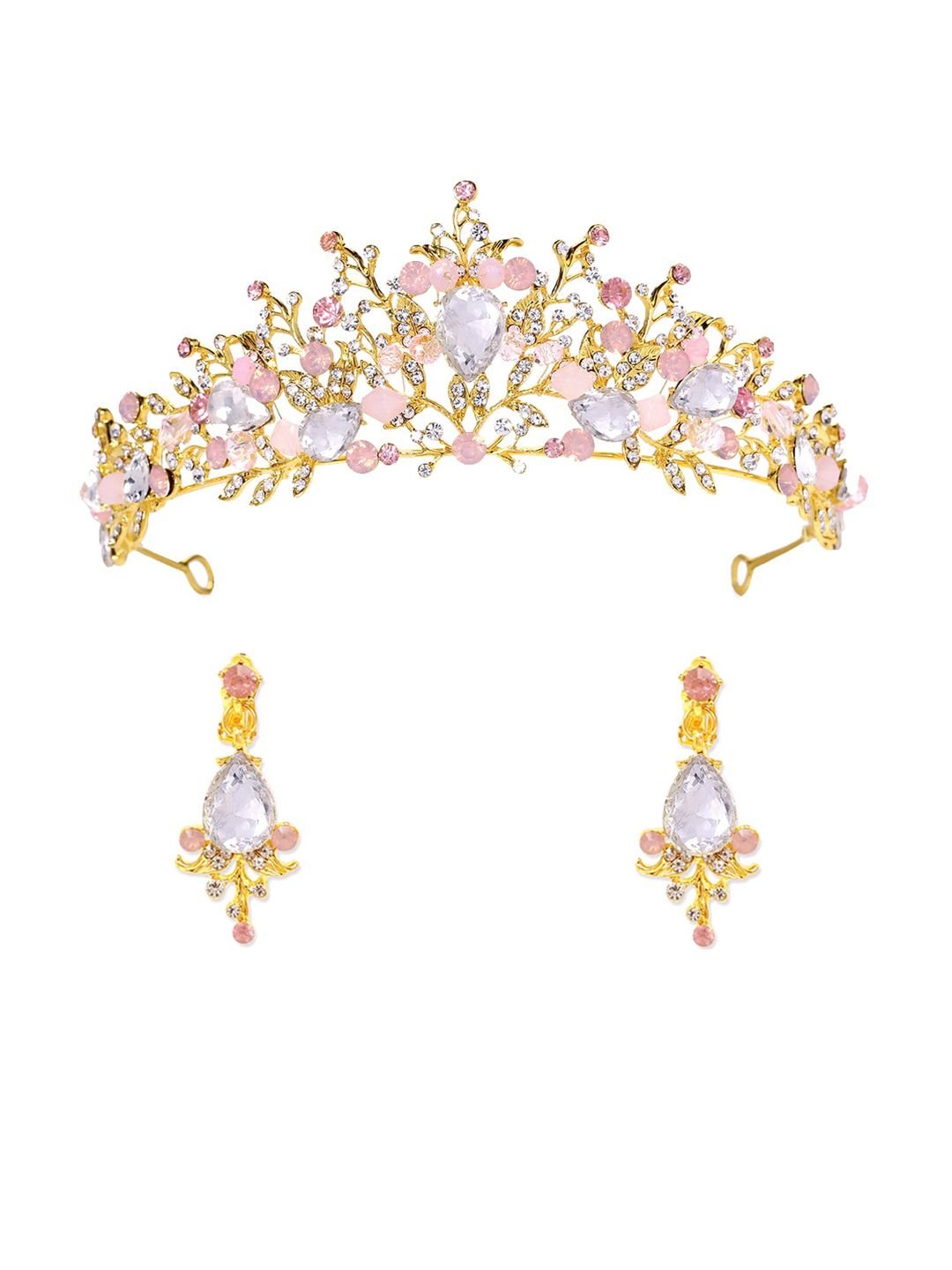 Yellow Chimes Gold Studded Crystal Embellished Crown Tiara With Earrings - Image 2