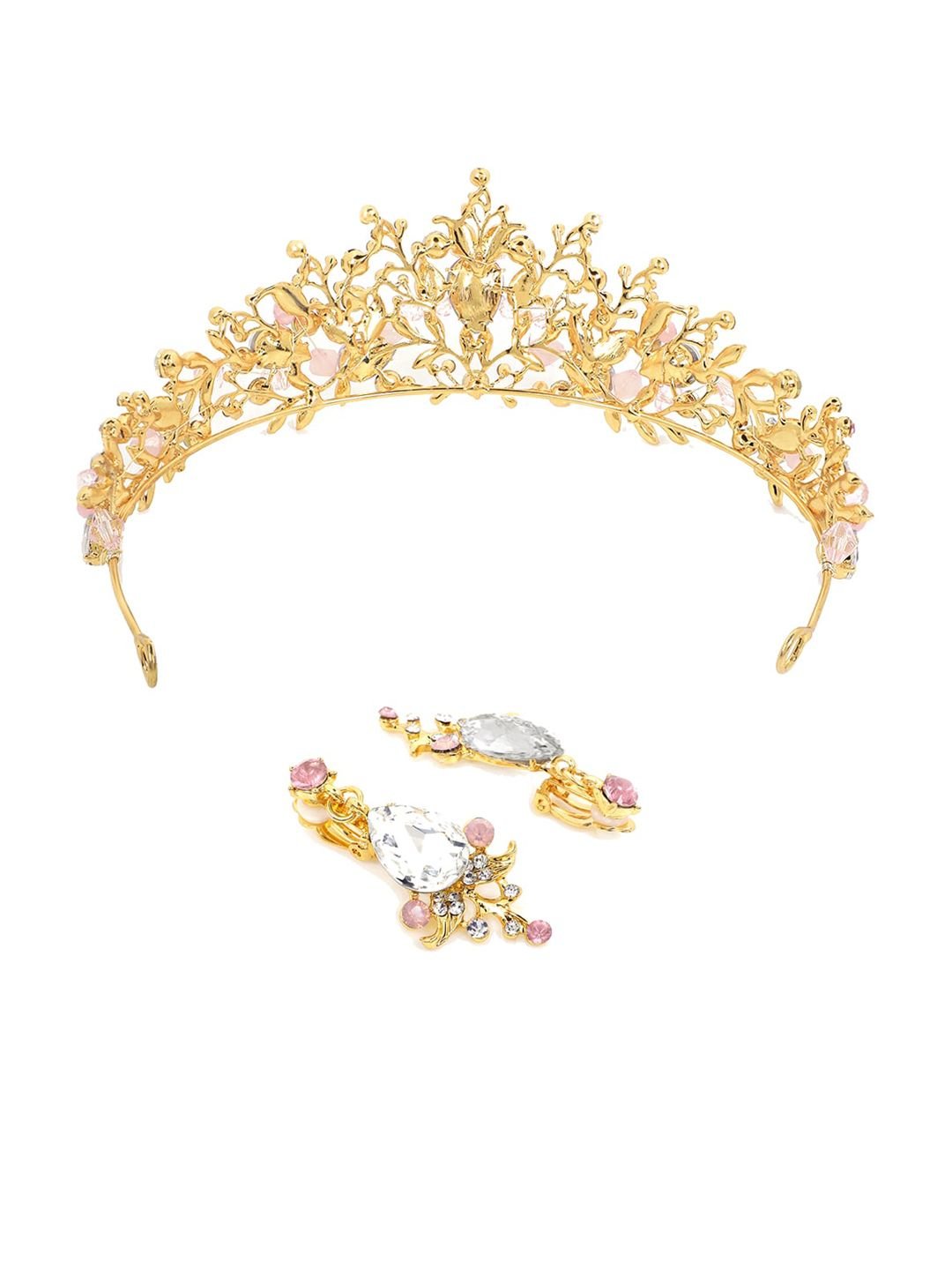 Yellow Chimes Gold Studded Crystal Embellished Crown Tiara With Earrings - Image 3