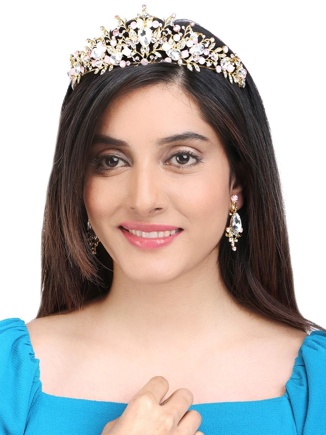 Yellow Chimes Gold Studded Crystal Embellished Crown Tiara With Earrings - Image 4