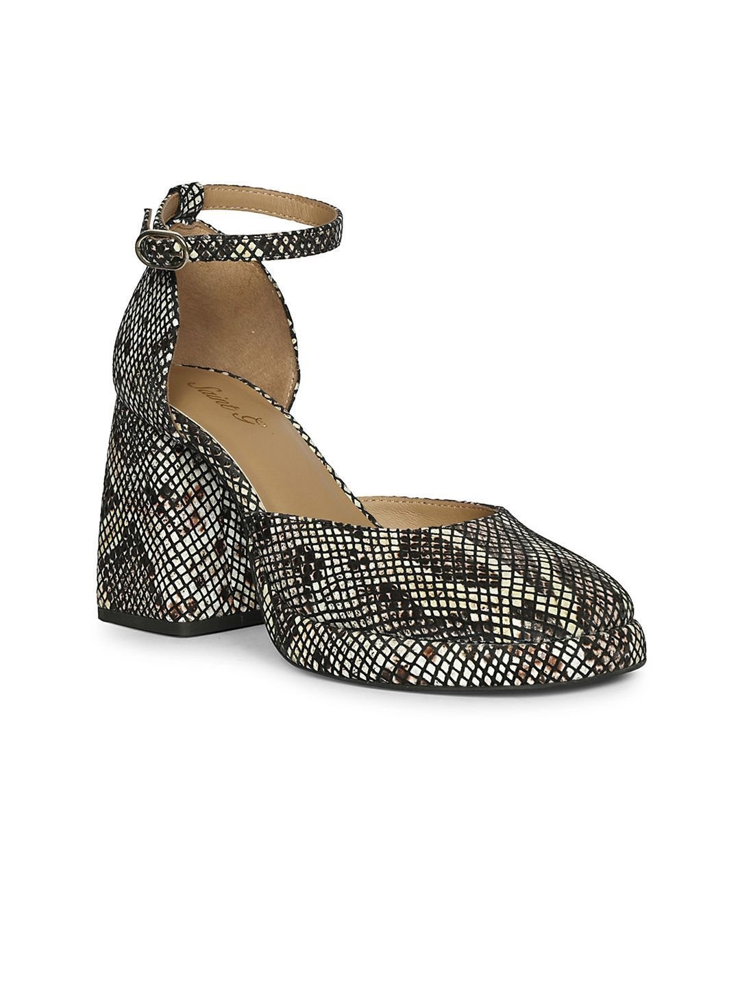 Womens Brown and White Snake Print Leather Heels - Image 2