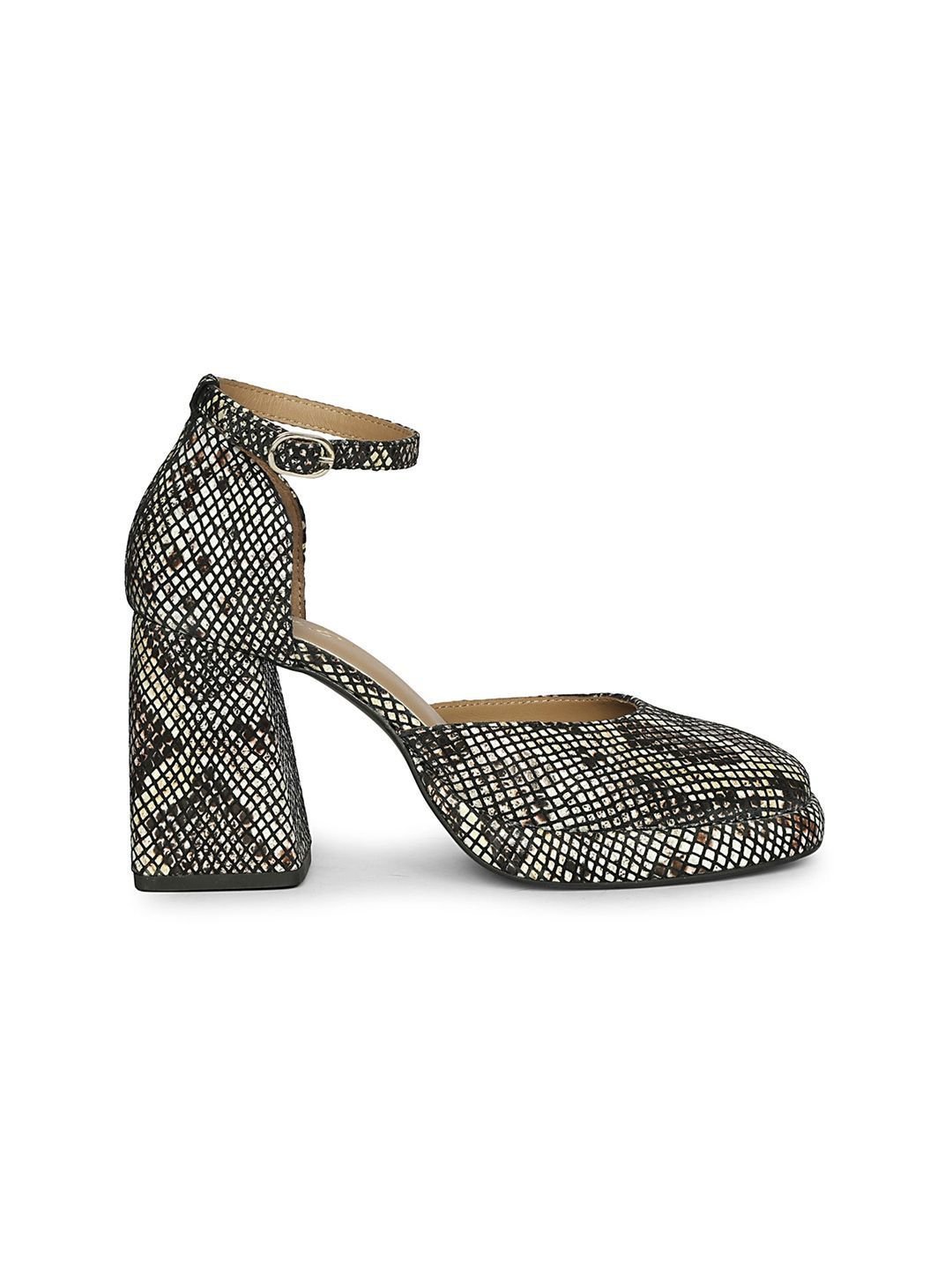 Womens Brown and White Snake Print Leather Heels - Image 4