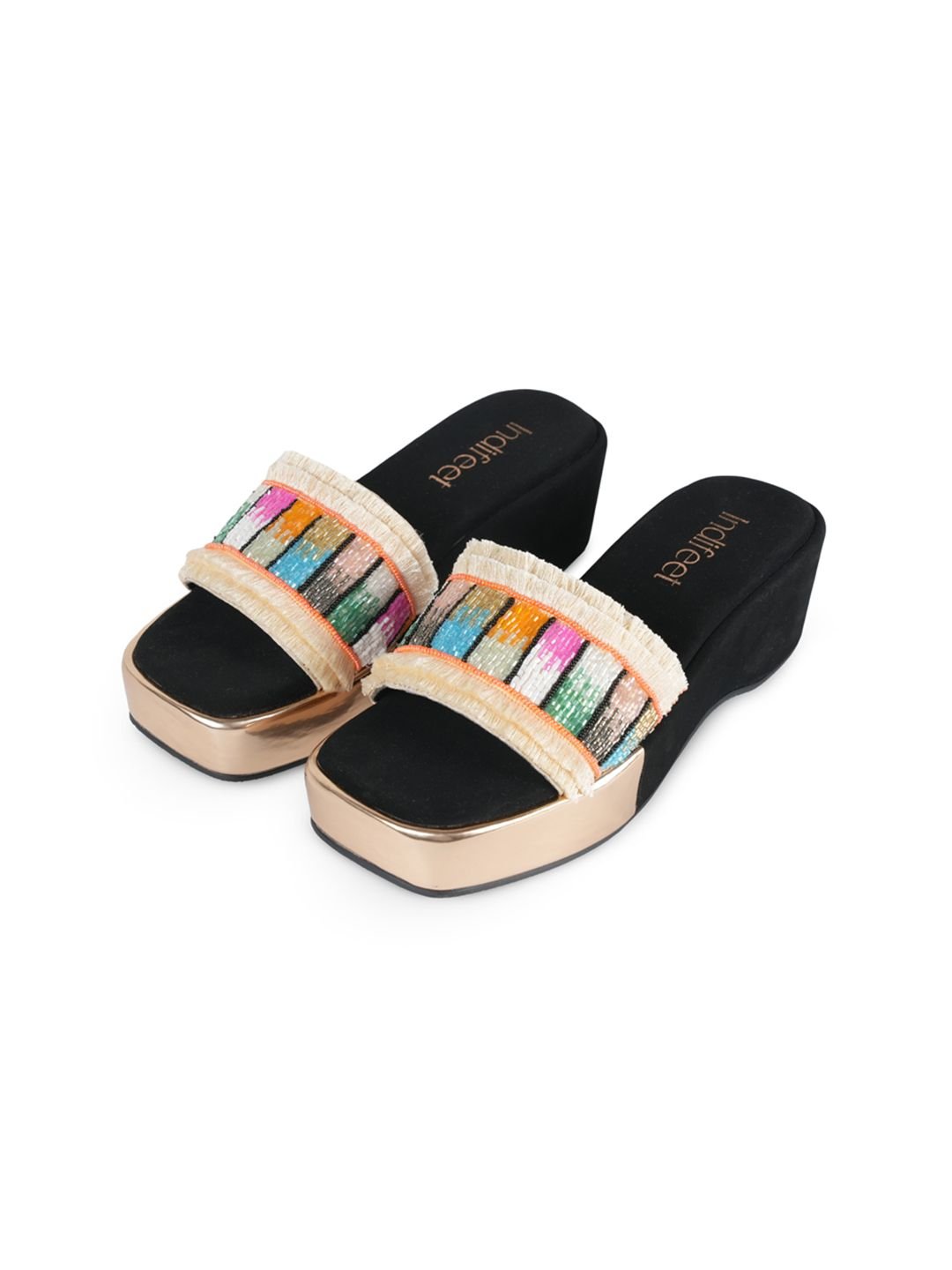 Women Embellished Chunky Ethnic and Traditional Black Platform Heel Sandals - Image 2