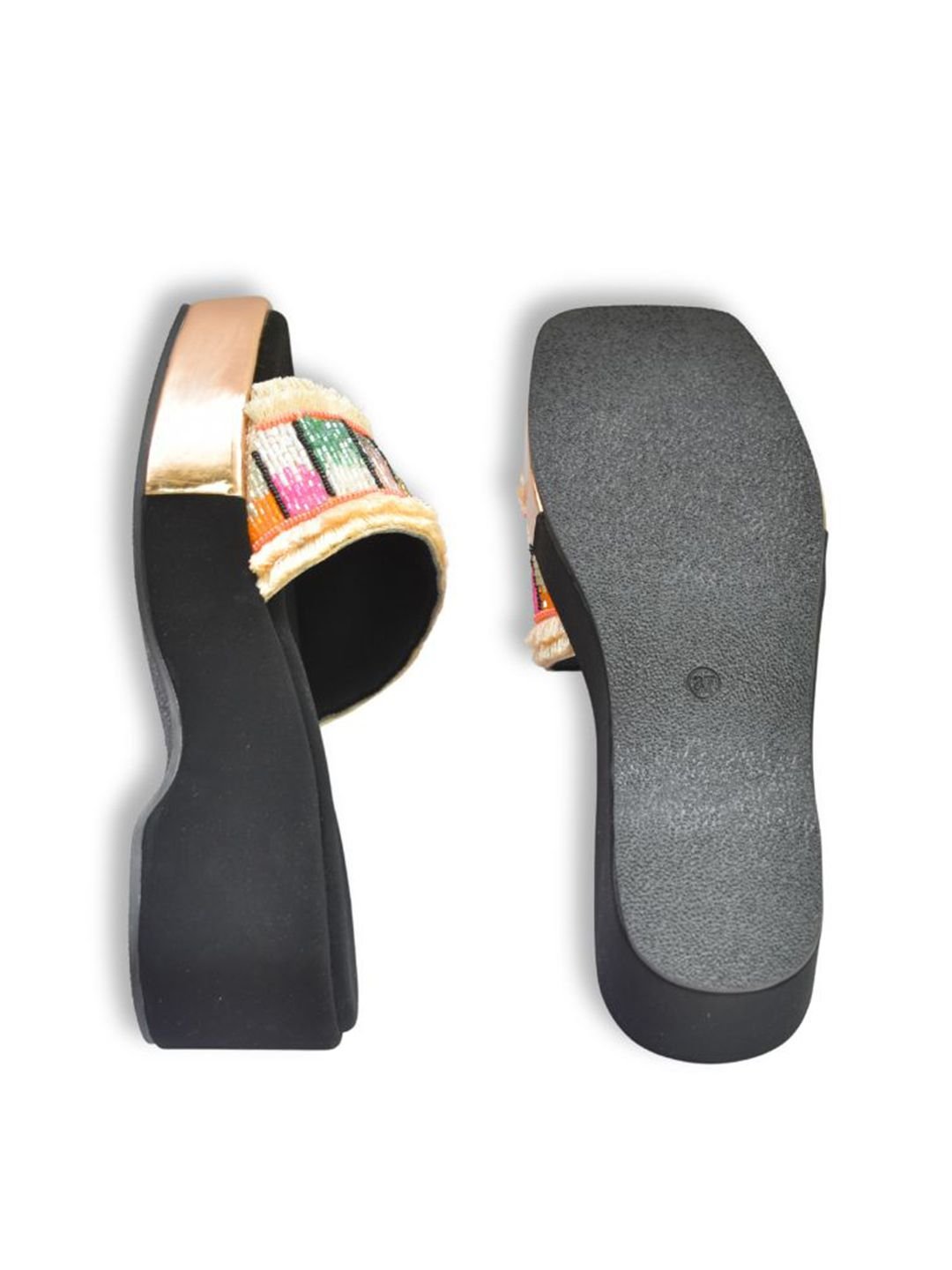 Women Embellished Chunky Ethnic and Traditional Black Platform Heel Sandals - Image 3