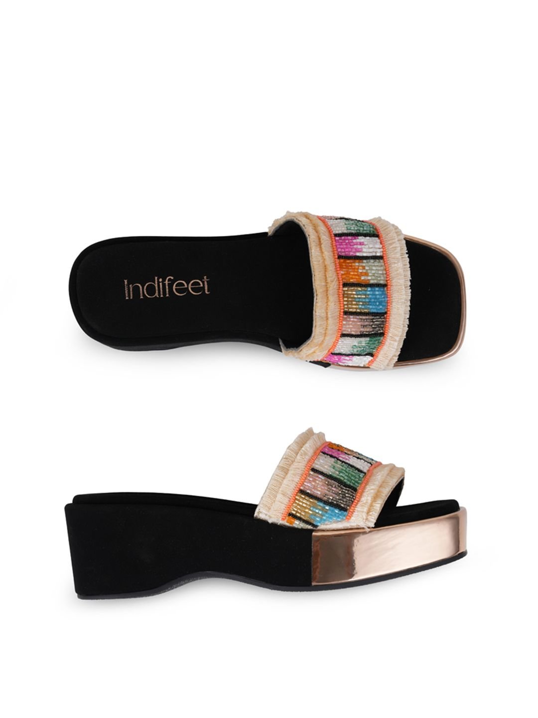 Women Embellished Chunky Ethnic and Traditional Black Platform Heel Sandals - Image 4