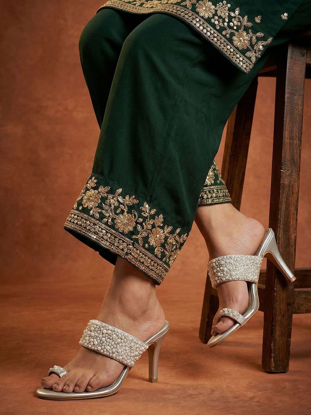 House of Pataudi Beads Embellished Slim Heels