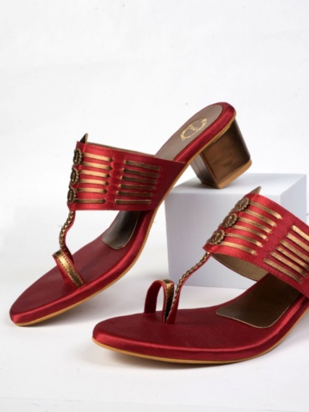 Women Maroon and Anqtique Gold Embellished Block Heel Kolhapuri