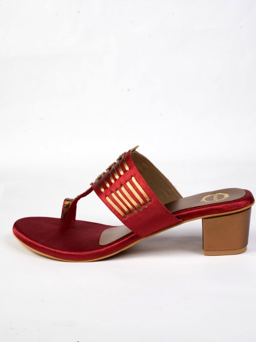 Women Maroon and Anqtique Gold Embellished Block Heel Kolhapuri - Image 2