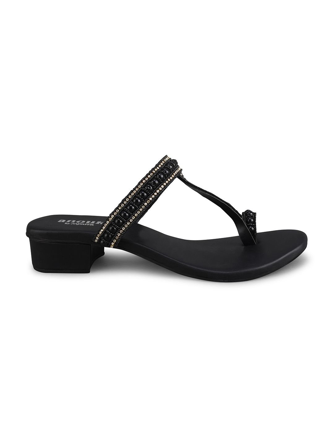 Black And Gold-Toned Embellished One Toe Block Heels - Image 4