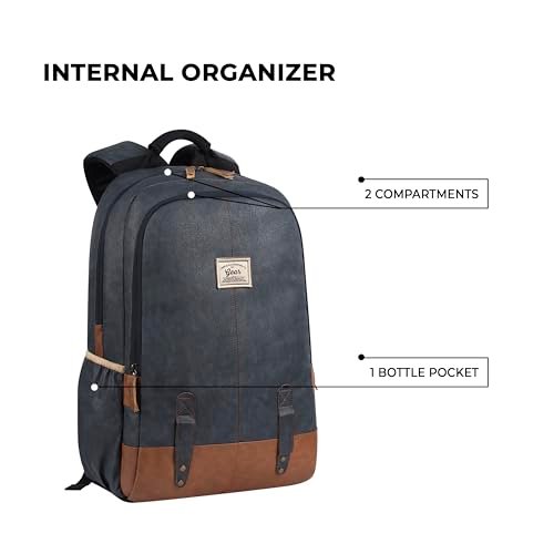 Gear Classic 18"/20L Faux Leather Water Resistant Anti Theft Laptop Bag | Office Backpack | Travel Backpack | Casual Backpack for Men/Women (Navy - Tan) - Image 3