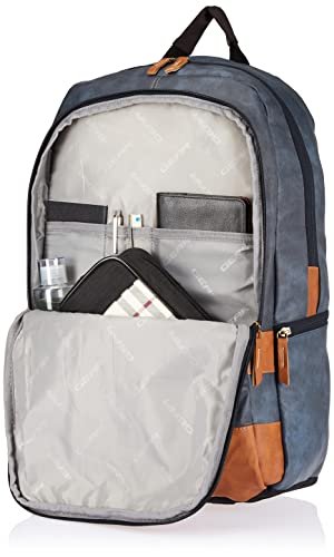 Gear Classic 18"/20L Faux Leather Water Resistant Anti Theft Laptop Bag | Office Backpack | Travel Backpack | Casual Backpack for Men/Women (Navy - Tan) - Image 4