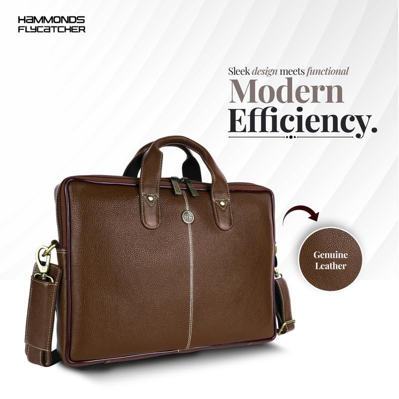 HAMMONDS FLYCATCHER Men Genuine Leather Office Bag - Laptop Bag - Padded Laptop Compartment, Fits 14 Inch Laptop - Adjustable Strap, 1 Year Warranty - Office, Travel, Daily Use - Brushwood, Brown - Image 2