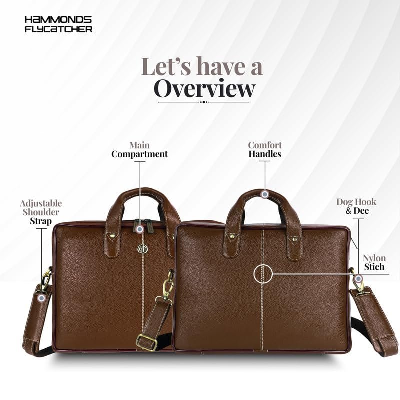 HAMMONDS FLYCATCHER Men Genuine Leather Office Bag - Laptop Bag - Padded Laptop Compartment, Fits 14 Inch Laptop - Adjustable Strap, 1 Year Warranty - Office, Travel, Daily Use - Brushwood, Brown - Image 3