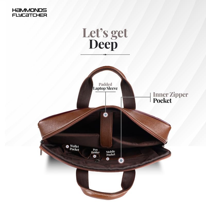 HAMMONDS FLYCATCHER Men Genuine Leather Office Bag - Laptop Bag - Padded Laptop Compartment, Fits 14 Inch Laptop - Adjustable Strap, 1 Year Warranty - Office, Travel, Daily Use - Brushwood, Brown - Image 4