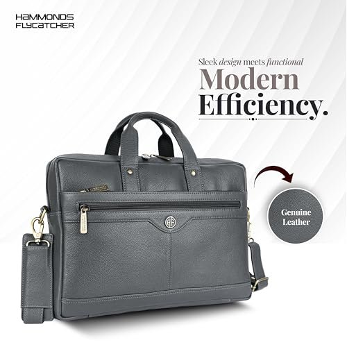 HAMMONDS FLYCATCHER Genuine Leather Office Bag for Men - 15.6 Inch Laptop Bag for Men, Adjustable Strap, Multi Compartments - Ideal for Office, Travel, Daily Use - 1 Year Warranty - Grey - Image 2