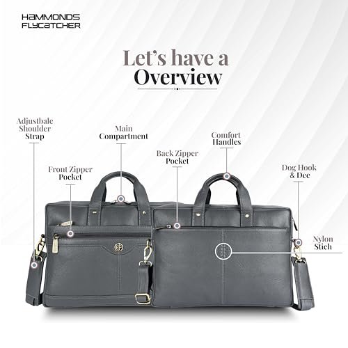 HAMMONDS FLYCATCHER Genuine Leather Office Bag for Men - 15.6 Inch Laptop Bag for Men, Adjustable Strap, Multi Compartments - Ideal for Office, Travel, Daily Use - 1 Year Warranty - Grey - Image 3