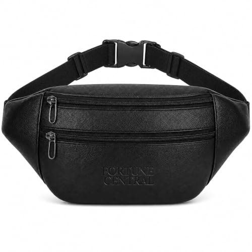 Fortune Central Waist Bag for Men – Stylish,Premium PU Leather, Belt Bag, Adjustable Strap Passport Bag, Waterproof. (Black)