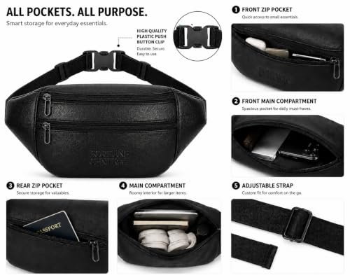 Fortune Central Waist Bag for Men – Stylish,Premium PU Leather, Belt Bag, Adjustable Strap Passport Bag, Waterproof. (Black) - Image 2